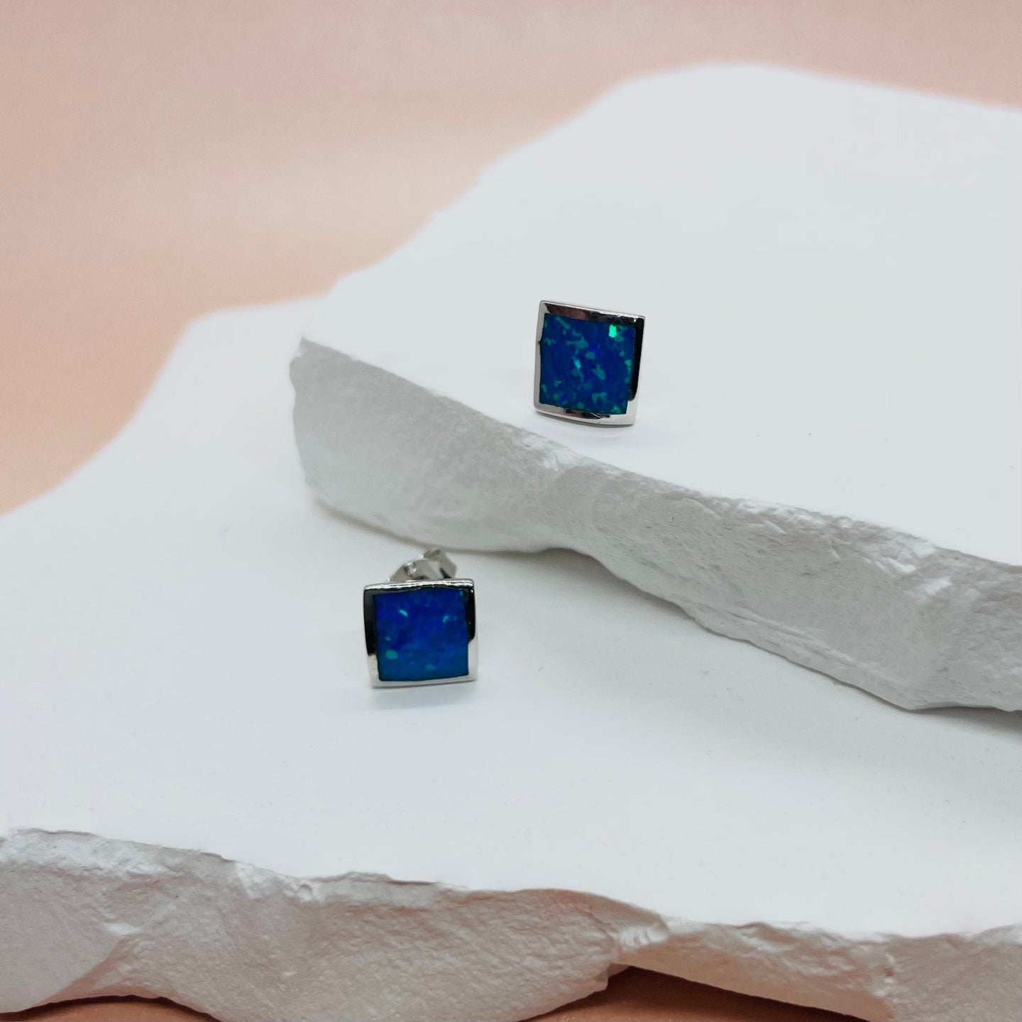 925 Sterling Silver Blue Synthetic Opal Square Stud Earring