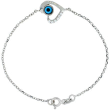 Load image into Gallery viewer, 925 Sterling Silver CZ Heart Plated Evil Eye Charm Bracelet 6.75" Long
