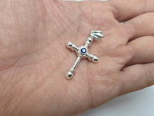 Load image into Gallery viewer, 925 Sterling Silver Sapphire CZ Round Edge Cross Pendant 1 1/2 Inch (38mm) Tall

