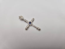 Load image into Gallery viewer, 925 Sterling Silver Sapphire CZ Round Edge Cross Pendant 1 1/2 Inch (38mm) Tall
