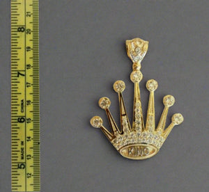 10K Solid Yellow Gold CZ Crown King Statement Pendant Charm