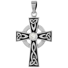 Load image into Gallery viewer, 925 Sterling Silver CZ Celtic Cross w/ Trinity Motifs Pendant 1 1/2 (38mm) Inch
