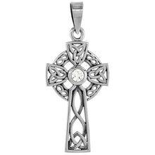 Load image into Gallery viewer, 925 Sterling Silver CZ Celtic Cross w/ Trinity Motif Pendant 1 3/8 (35mm) Inch
