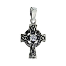 Load image into Gallery viewer, 925 Sterling Silver CZ Celtic Cross w/ Trinity Motif Pendant 1 (25mm) Inch Tall
