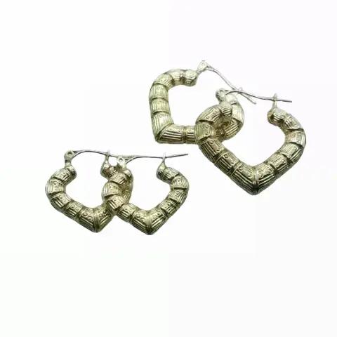 10K Yellow Gold Door Knocker Heart Bamboo Hoop Earrings