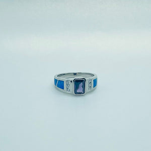 925 Sterling Silver Blue Synthetic Opal Cushion Cut Ring