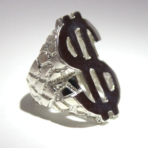 925 Sterling Silver Large Dollar Sign Diamond Cut Finish Nugget Ring