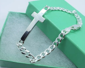 925 Sterling Silver Sideways Cross with Curb Link Chain Bracelet