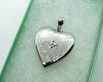 925 Sterling Silver Diamond Heart Locket for Pictures with/out Necklace