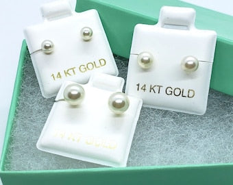 Faux White Pearl Stud Earrings with 14K Yellow Gold Push Back