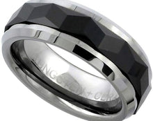 Load image into Gallery viewer, Tungsten Carbide Flat Prism Pattern Wedding Band Ring with Faceted Black Ceramic
