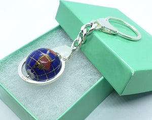 925 Sterling Silver Globe Round Keychain Keyring