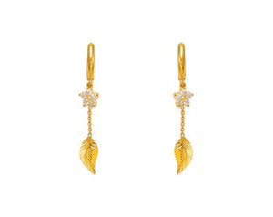 14K Yellow White Gold Fancy Leaf Dangling CZ Earrings