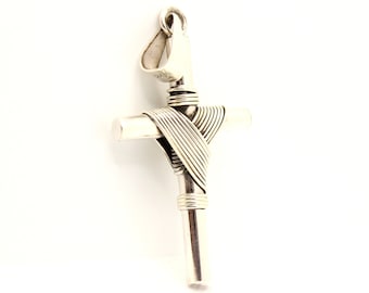 925 Sterling Silver Wire Wrapped Thick Cylindrical Cross Pendant 51mm