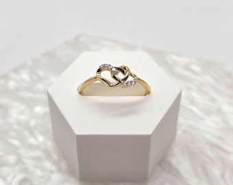 14K Yellow Gold Interlocked Double Hearts with CZ Ring