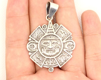 925 Sterling Silver Flat Detailed Aztec Calendar Mayan Sun Face 35.8mm Pendant