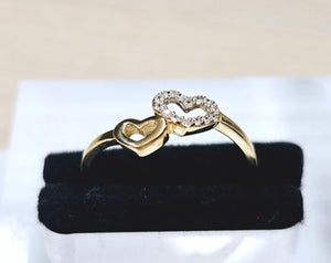 14K Solid Yellow Gold Double Hearts Ring with CZ