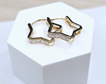 14K Yellow Gold Star Shaped Huggies Hoop Earrings with CZ Stones