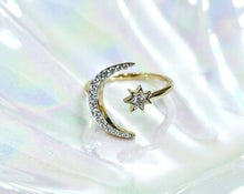 Load image into Gallery viewer, 14K Solid Yellow Gold Crescent Moon with Star Ring with CZ
