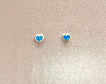 Sterling Silver Synthetic Opal Stud Heart Earrings