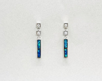 Sterling Silver Synthetic Opal Thin Rectangle Dangling Push Back Earrings