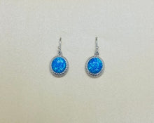 Load image into Gallery viewer, Sterling Silver Synthetic Opal Dangle Earrings Round Cabochon Engraved Bezel Set
