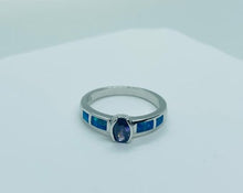 Load image into Gallery viewer, Small Sterling Silver Blue Synthetic Opal Band Ring for Women Oval Shape
