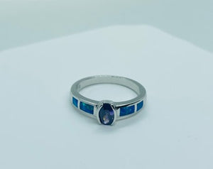 Small Sterling Silver Blue Synthetic Opal Band Ring for Women Oval Shape