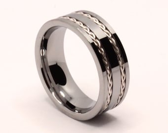 Tungsten Carbide Flat Double Sterling Silver Rope Inlay Wedding Band Ring 8mm