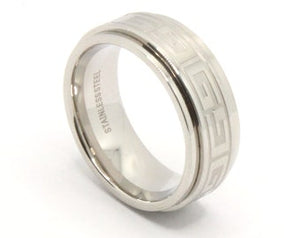 Stainless Steel Reflective High Polish Etched Greek Key Center Spinner Ring 8mm