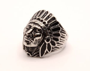 Stainless Steel Native American Chief Head Biker Ring Band 1 3/16 Inch Wide