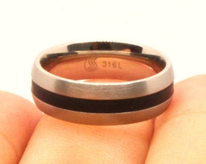 Stainless Steel Domed Plain Black Stripe Inlay Center Wedding Ring Band 6mm