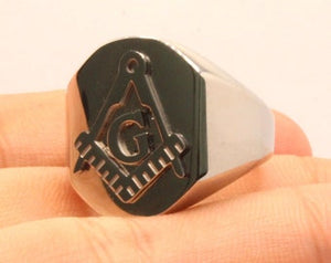 Stainless Steel 3/4 Inch Masonic Letter G Hand Square and Compass Signet Ring