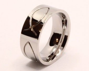 Stainless Steel Ichthus Christian Jesus Fish Symbol 8mm Wedding Band Ring