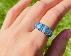 Sterling Silver Blue Synthetic Opal Dome Ring for Women CZ Accent Tapered