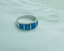 Load image into Gallery viewer, Sterling Silver Blue Synthetic Opal Band Ring for Women Square Inlays Tapered
