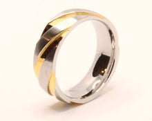 Load image into Gallery viewer, Stainless Steel Two-Tone Yellow Diagonal Groove Spiral Wedding Ring Band 7mm
