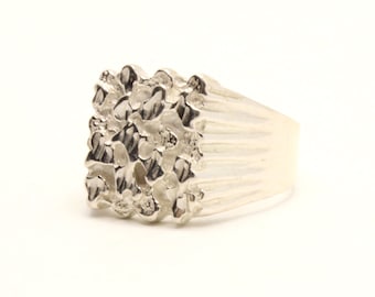 925 Sterling Silver Detailed Square 5/8 Inch Wide Nugget Ring