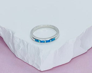 Dainty Sterling Silver Blue Synthetic Opal Band Stacking Ring for Women