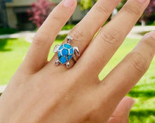 Load image into Gallery viewer, Sterling Silver Blue Synthetic Opal Sea Turtle Ring for Women
