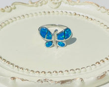 Load image into Gallery viewer, Sterling Silver Blue Synthetic Opal Butterfly Ring for Women Rounded Wings
