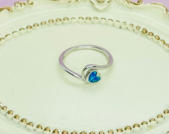 Dainty Sterling Silver Synthetic Opal Bypass Heart Ring for Women