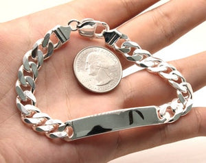 925 Sterling Silver 9.5mm Wide Personalized Custom Engraved Figaro Link ID Bracelet