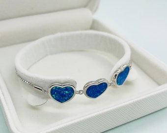 Sterling Silver Synthetic Opal 3-Linked Hearts Links Sliding Clasp Bolo Bracelet for Women