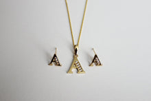Load image into Gallery viewer, 14K Yellow Gold Initial Pendant Rolo Chain Earrings Set with CZ
