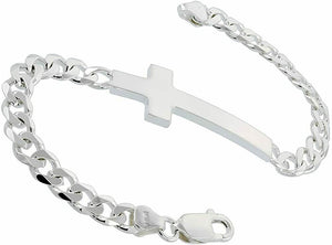 925 Sterling Silver Sideways Cross with Curb Link Chain Bracelet