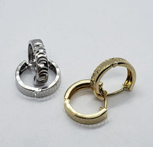 Load image into Gallery viewer, 14K Yellow White Gold Huggie Hoop Round Earrings with Crescent Design D/C
