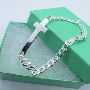 925 Sterling Silver Sideways Cross with Curb Link Chain Bracelet