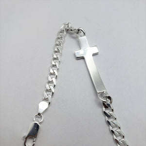 925 Sterling Silver Sideways Cross with Curb Link Chain Bracelet