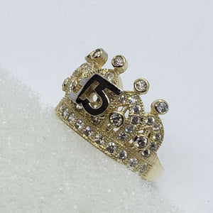 14K Solid Yellow Gold Crown Sweet 15 Quinceanera Ring with CZ